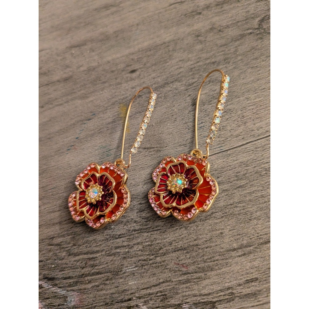 Betsey Johnson Gold Red Enamel Flower Drop Earrings Rhinestone Crystal Accents - Picture 1 of 1